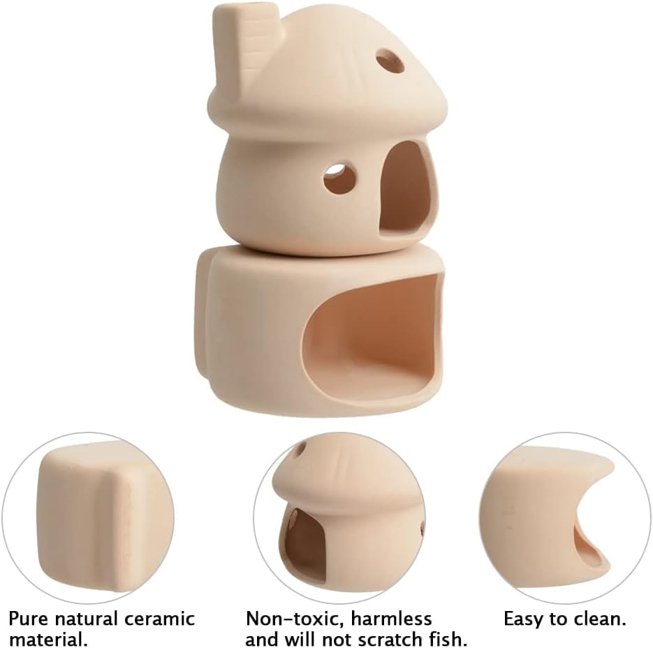 Image of RUIAN Ceramic Fish Tank Decorations, Mushroom House and Cave with Round Cave for Small Shrimp to Rest and Breed,Hiding, Cichlid, Hermit Crabs (Beige)