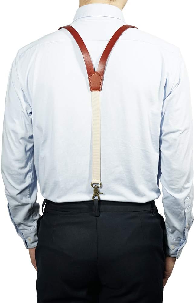 Men Light Brown Genunie Leather Suspender With Elastic Strap 0.7inch Width Suspenders with 3 Snap Hooks