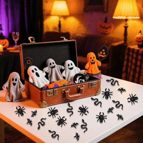 Lyreh 210stk Halloween-Mini-Insekten aus Kunstharz, Miniatur-Fledermäuse Schlangen und Spinnen Kleine Kreaturen für Bastelarbeiten Feengärten Mikro-Landschaftsgestaltung und Partydekoration (Schwarz)