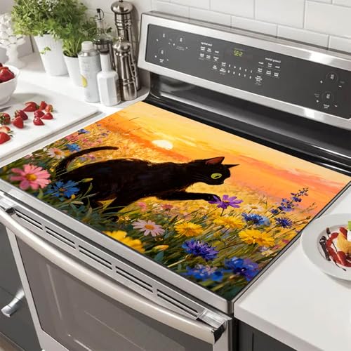 Image of HOMETITUTE Spring Stove Top Covers for Electric Stove 28x20 Inches Black Cat Sunset Wildflower Heat Resistant Glass Cooktop Protector Pad Decorative Stovetop Cover Dish Drying Mats for Kitchen Decor