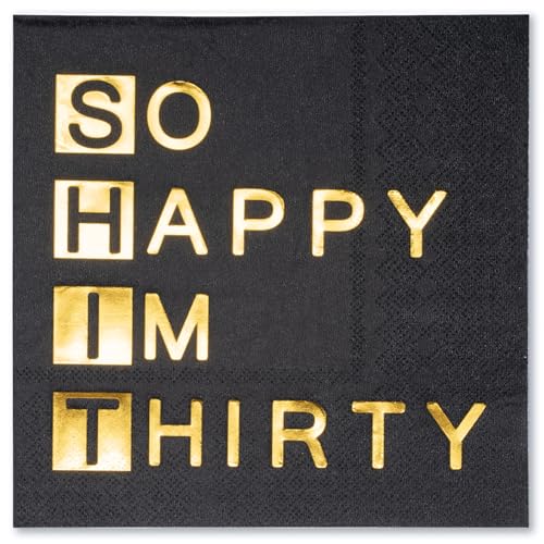 WRAPAHOLIC 50Pcs Black Gold 30th Birthday Napkins - 3 Ply So Happy I'm Thirty Dirty 30 Disposable Paper Luncheon Napkin for Birthday Tableware Party Supplies - 6.5 x 6.5 In