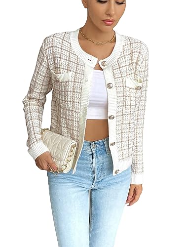 WDIRARA Women's Plaid Button Front Cardigan Round Neck Long Sleeve