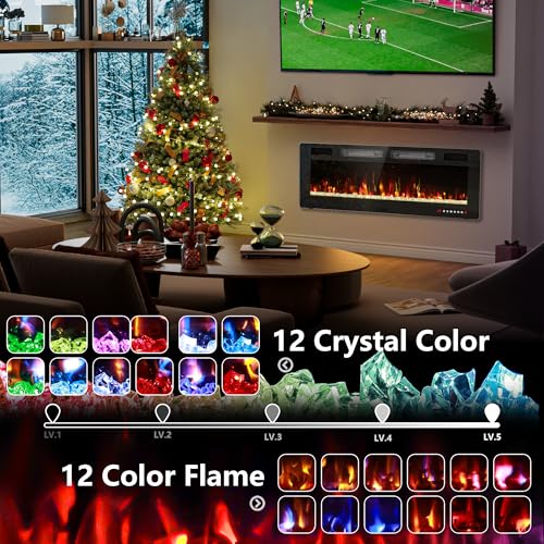 50\" Ultra Thin Electric Fireplace, Wall Mounted & Freestanding, LED Fireplace Insert, Wall Fireplace for Living Room/Bedroom w/Touch Screen, Remote Control, 750W/1500W, Quiet, 8H Timer
