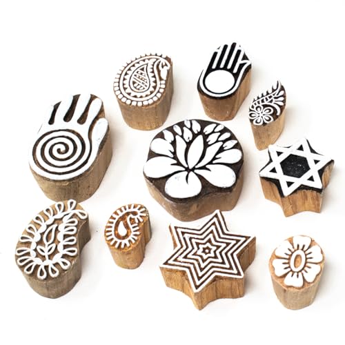 Image of Wooden Stamp Block, Printing Stamp Design Set | Block for Printing Saree Border | Dresses, Craft Card Making, Scrapbook, Clay Pottery | Set of 10