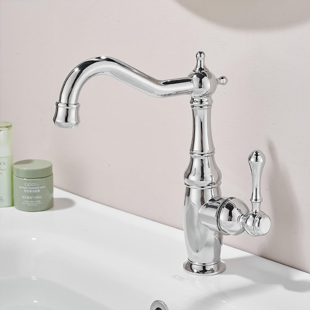 Robinet de lavabo de salle de bain mitigeur à levier unique laiton antique à bec rotatif 360°