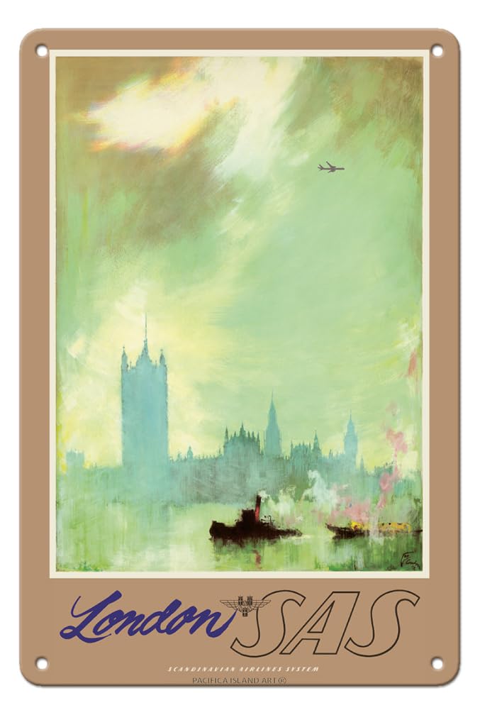 Pacifica Island Art Poster, Motiv London - River Thames - SAS Scandinavian Airline Airline Reiseplakat von Otto Nielsen c.1960er Jahre, Kunstdruck, Kunstdruck 8 x 12 in Tin Sign Mehrfarbig