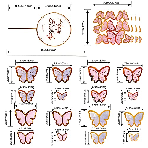 81 Pcs Butterfly Cupcake Toppers, Gold Round Acrylic Happy Birthday Cake Topper, Gold Pink Purple 3D Butterflies Cake Decorations For Birthday Wedding Party Supplies For Valentine's Day Gifts #TOP3