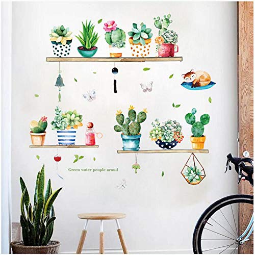 Cactus Succulent Plants Wall Decor Decal, Shelves Nature Green Potted Pvc Wall Stickers, Removable Cactus Pastoral Style Wall Stickers For Living Room Home Decoration Birthday Gifts #TOP3