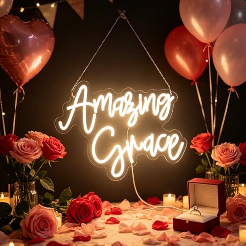Image of inchAmazing Grace inch Hymn Quote Light - Inspirational & Timeless LED Wall Art for Church, Chapel, Prayer Room or Home Sanctuary Decor, Dimmable USB, Comforting Spiritual Gift of Hope & Peace