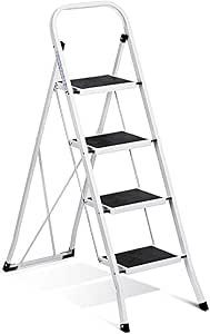 Delxo Step Stool Folding Step Ladder 4 Step Stairs Heavy Duty Steel Sturdy Wide Pedal Lightweight Anti-Slip Portable &amp; Collapsible Long Handrails for Kitchen &amp; Household 350 lbs. - White &amp; Black