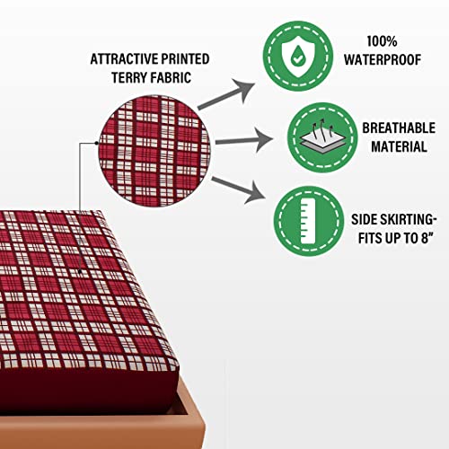 Image of DREAM CARE Waterproof Fitted Terry Cloth Printed Mattress Protector for Single Bed with Elastic Strap - 72 inchx48 inch, Maroon