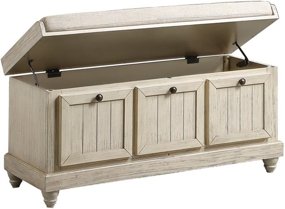 Lexicon Woodwell 44" Wood & Fabric Upholstered Storage Bench with Removable Foam Cushioned Seat, Dark Bronze Knobs, Assembly Required, in White Finish