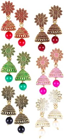 Meenaz Jhumka Earrings For Women Girls Ladies Earrings Combo Set Valentine Gift Traditional Wedding Gold Meenakari Ethnic Antique South Indian Round Small Pearl Moti Jhumkas Feather Peacock Jhumki
