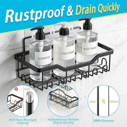 Fammart Adhesive Shower Caddy, 5-Pack Rustproof Stainless Steel Bathroom Organizer with 28 Hooks, No-Drill Large Capacity Shower Shelves for Bathroom Storage & Home Décor, Black - 4