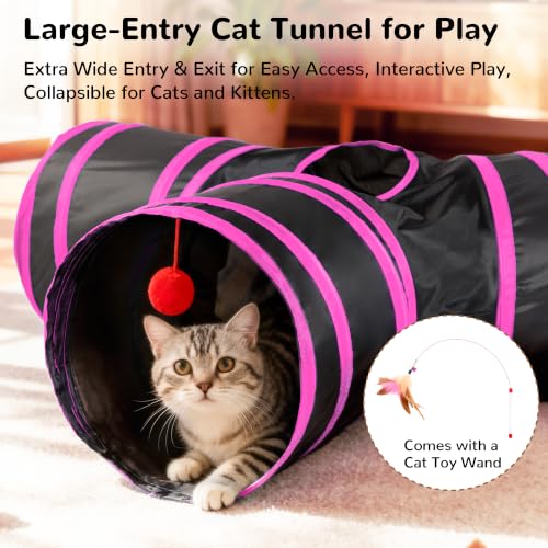 Image of Tempcore Cat Tunnel, 3-Way Collapsible Toy, Large Size Black & Rose Red | Large Size 3-Way Cat Tunnel Provides More Room for Cats to Run, Hide and Chase, with Peek Holes, Hanging Ball and Teaser Wand