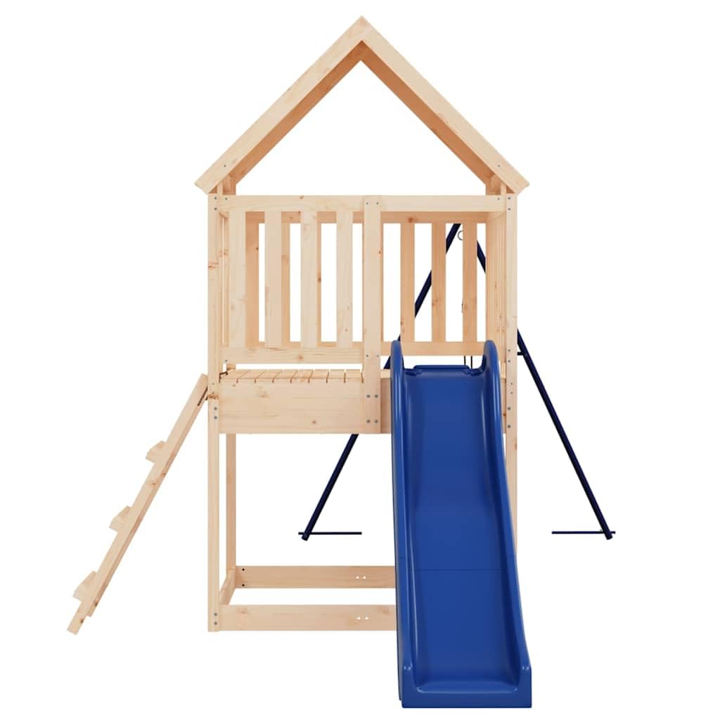 Spielturm Massivholz Kiefer mit Wellenrutsche und Einzelschaukel, 90 cm Plattform, Garten Spielhaus für Kinder, Klettergerüst und Sandkasten