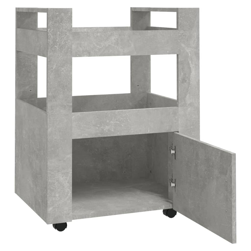 Carro de cocina gris hormigón de madera 60 x 45 x 80 cm, carrito con ruedas con 2 estantes y compartimento, carro auxiliar para cocina, espacio de almacenamiento y almacenamiento en la vida