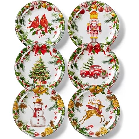 Metahom Christmas Dinner Plates, 10 Inch Ceramic Serving Plate Set for Pasta, Steak, Salads, Dishwasher and Microwave Safe, Christmas Dinnerware Set of 6 Cover