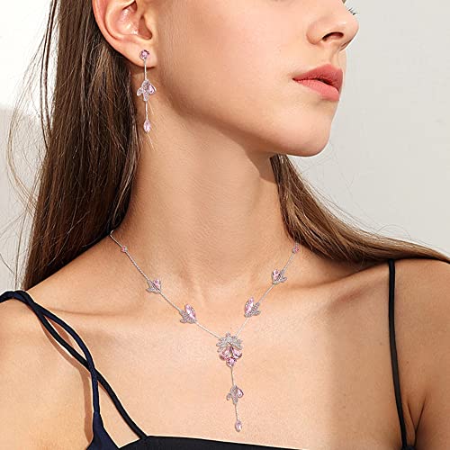 Elequeen Gorgeous Swarovski Crystal Pear Shape Floral Necklace Earrings Jewelry Set For Women Girls Pink Color #TOP2
