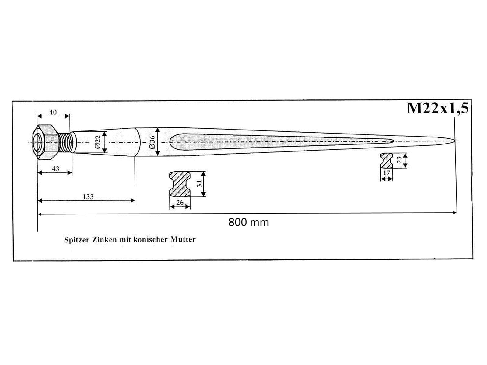 Frontladerzinken 800mm M22x1,5mm, Ballenzinken, Zinken