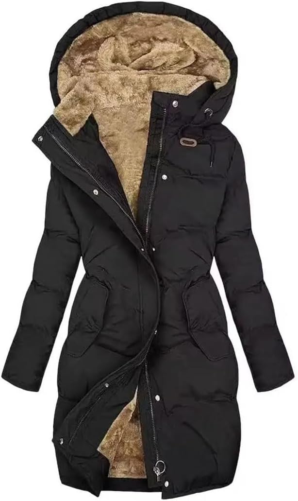Womens Long Insulated Winter Coat With Fleece Lining And Hood Slim Fit Parka