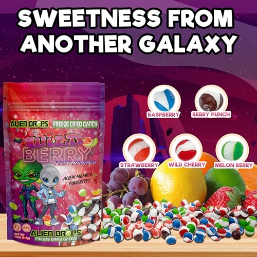 Alien Drops Wildberry, Freeze Dried Candy, 4 oz, Assorted Berry Punch, Melon, Strawberry, Cherry, Raspberry, Bag Pouch, Ideal Gift Snack — view 3