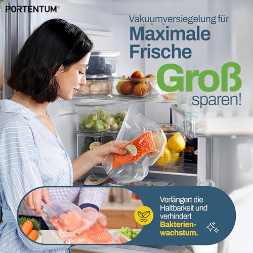 PORTENTUM Vakuumrollen 3 Rollen 20cm x 300cm (9m) Vakuumierfolie - Profi Vakuumbeutel für Vakuumierer & Lebensmittel Vakuumiergerät, Kochfest und Sous Vide Gefrierbeutel, BPA-frei und LFGB