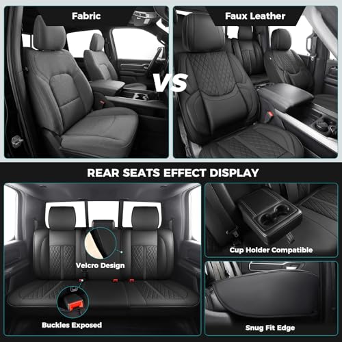 Image of Seat Covers for 2019-2026 Dodge Ram 1500 /2500 /3500, Flat Bench | lumbar padded, premium waterproof leather, full coverage, anti-slip, storage pockets, long-term durability, airbag compatible