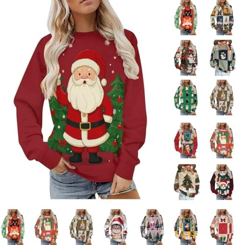 Womens Christmas Sweatshirts Loose Fit Christmas Patterns Long Sleeve Pullover Casual Holiday Merry Xmas Sweatshirt