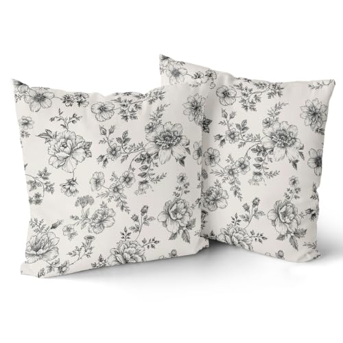 Giwawa Chinoiserie Floral Pillow Covers 16x16 Inch Set of 2 Black and White Floral Decorative Throw Pillow Covers Vintage Rustic Toile Flower Pillowcase for Couch Sofa