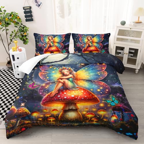 AILONEN Beautiful Fairy Comforter Set Full Size, Butterfly Mushroom Fairy Bedding Set for Kids,Girls,Forest Spirit Duvet Set,3-Pieces, 1 Quilt and 2 Pillowcases,All Season,Soft