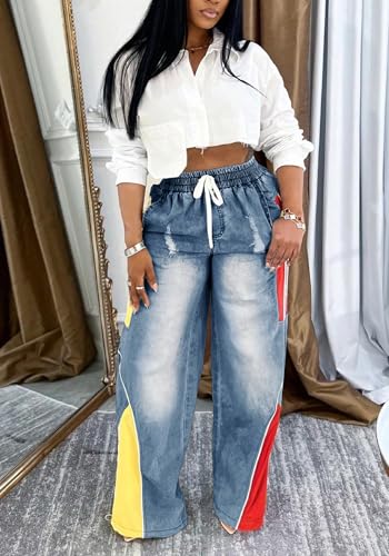 Women Wide Leg Patchwork Jeans Drawstring Elastic High Waist Striped Color Block Ripped Ombre Baggy Denim Pants2
