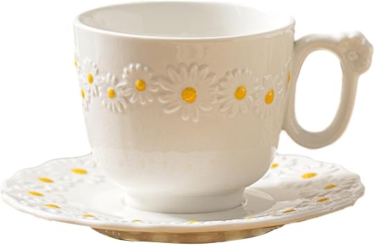 Daisy Relief Water Kettle Box Set, Creative And Simple Ceramic Mug-White Daisy Cup Dish -250ml/8.5oz