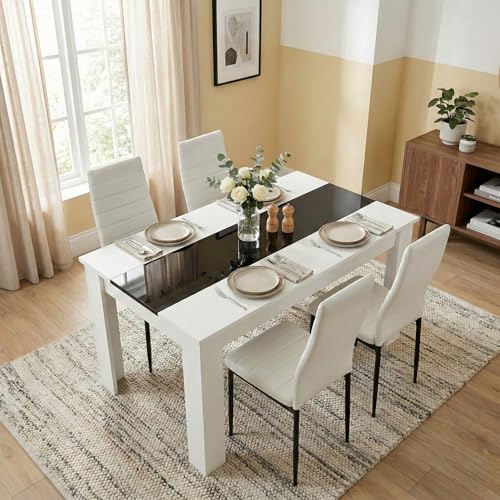 Blisswood Dining Table and 4 Chair Set, PU Leather Chairs, 17mm Thick Table Tabletop 120x80cm, kitchen table, Modern Design Wooden dining Table Set for Home furniture (White & Black, White Chair)