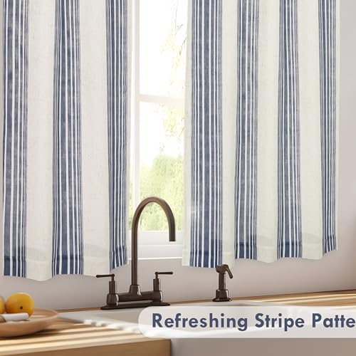 DriftAway Kitchen Curtains Striped Tier Linen Short Pinstripe Cafe Curtains 36 Inch Length for Living Room Bathroom Chris Farmhouse Rustic Rod Pocket 2 Panels Ivory Dark Blue by DriftAway - Used condition - Image 8