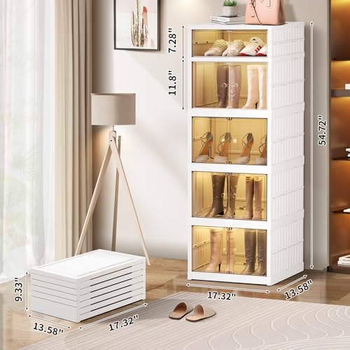 Image of CIMLORD 5-Tier Foldable Shoe Rack Organizer for Boots, 10 Pairs, White | Collapsible Narrow Plastic Shoe Cabinet Storage, Fits Tall Boots, Stackable with Lids, Easy Assembly, for Closet & Entryway