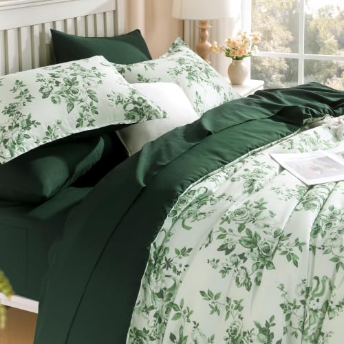 Image of Andency Floral Comforter Full Set, 7 Pieces Green Rose Flower Bedding Set