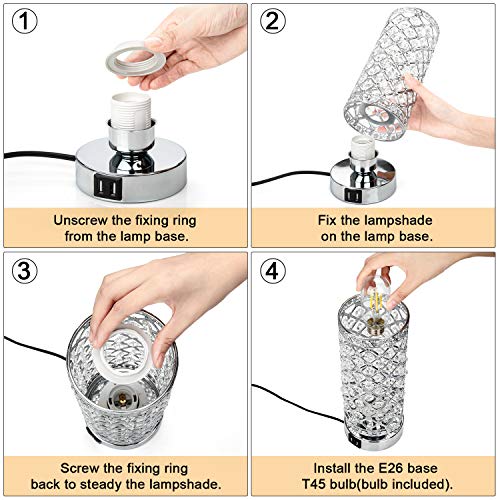 Crystal Touch Control Table Lamp with Dual USB Charging Ports, 3-Way Dimmable Decorative Bedside Nightstand Desk Lamps for Bedrooms Living Room, Small Night Light, T45 LED Bulb Included