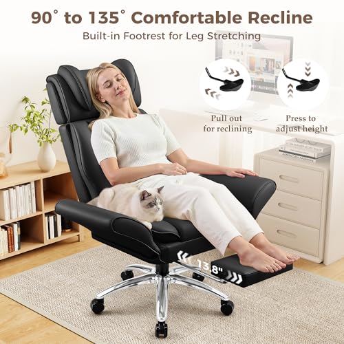 Image of Big and Tall Office Chair, Flip Armrests for Pets & Cross Legged Sitting, Ergonomic Leather Executive Desk Chair with Foot Rest, High-Back Reclining Computer Chairs for Home Office Gaming, Black