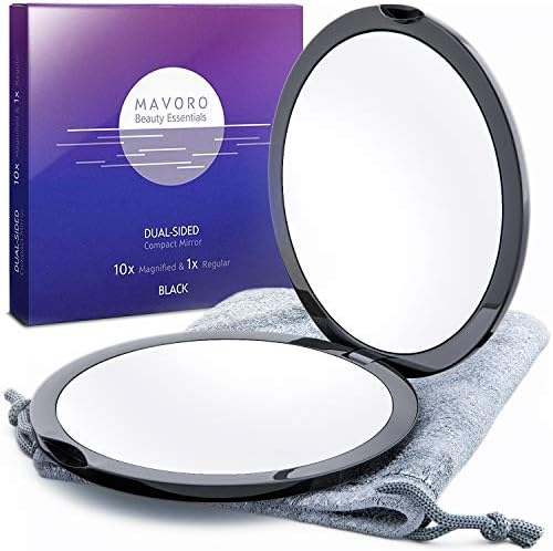Magnifying Compact Mirror for Purses, 1x/10x Magnification  Double Sided Travel Makeup Mirror, 4 Inch Small Pocket or Purse Mirror. Distortion Free Folding Portable Compact Mirrors (Black)
