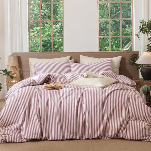 Image of MooMee Striped Duvet Cover Set 100% Washed Cotton Linen Like King | Relaxed Linen-like Texture. Soft, Breathable & Long-lasting Comfort. Lightweight. Hidden Zipper with 8 Interior Corner Ties