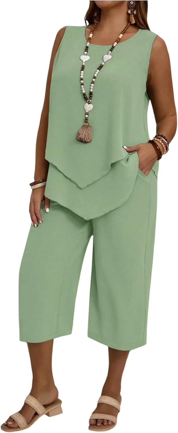 SHENHE Women's Plus Size 2 Piece Summer Outfits Crew Neck Tank Top Tunic Shirt and Capri Pants Set