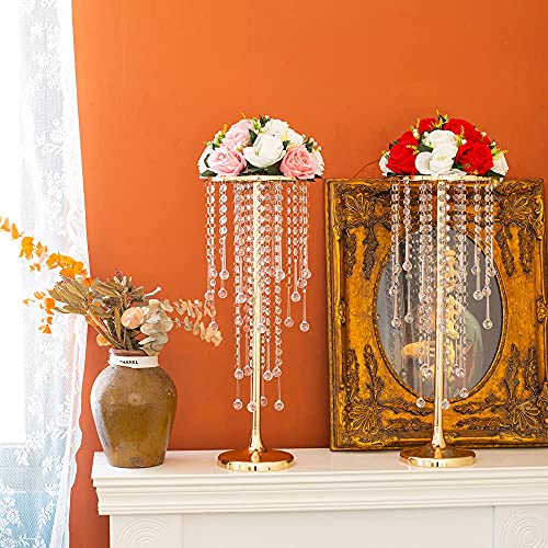 21.6In Bead Crystal Flower Arrangement Stand, Golden Flower Holder 2-Piece Lead Road Candle Holder, Use For Home Party Wedding Anniversary Christmas Decorations #TOP2