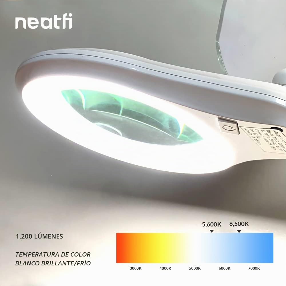Neatfi LED Lámpara de Pie de Aumento –1,200 Lúmenes, Lente Bifocal de 13 cm con 5 y 20 Dioptrías, Regulable, Base con Ruedas, Lámpara de Piso para Lectura, Costura y Manualidades (Blanco)