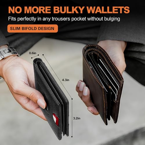Image of Wallet for Men Slim RFID Blocking Bifold Carbon Fiber,Minimalist Small Compact Front Pocket Credit Card Holder,Thin Mens Leather Wallets Smart Security With 2 ID windows 1 Cash (Cross Black)