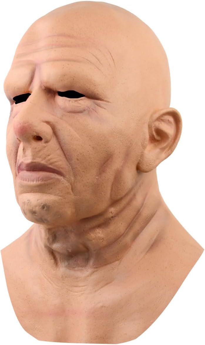 HOTTERCOS Realistic Old Man Mask Bald Man Humen Face Masks Wrinkle Full Head Mask Halloween Masquerade Costume Props