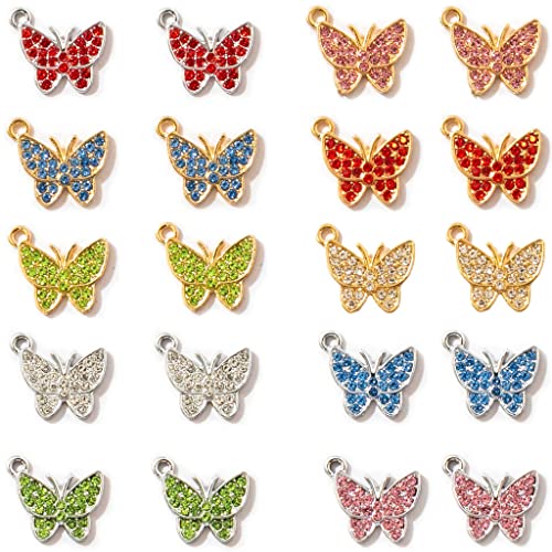 20 Pieces Butterfly Charms For Jewelry Making, Diy Gold Silver Plated Enamel Rhinestone Butterfly Pendants For Earring Necklace Bracelet Keychain Pendant Craft Supplies Accessories,14X12Mm,10 Styles #TOP14