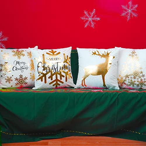 Onway Christmas Decorations Gold White Throw Pillow Covers 18X18 Set Of 4 Snowflakes Reindeer Decorative Cushion Cases Xmas Golden Decor For Couch Sofa Bedroom #TOP2