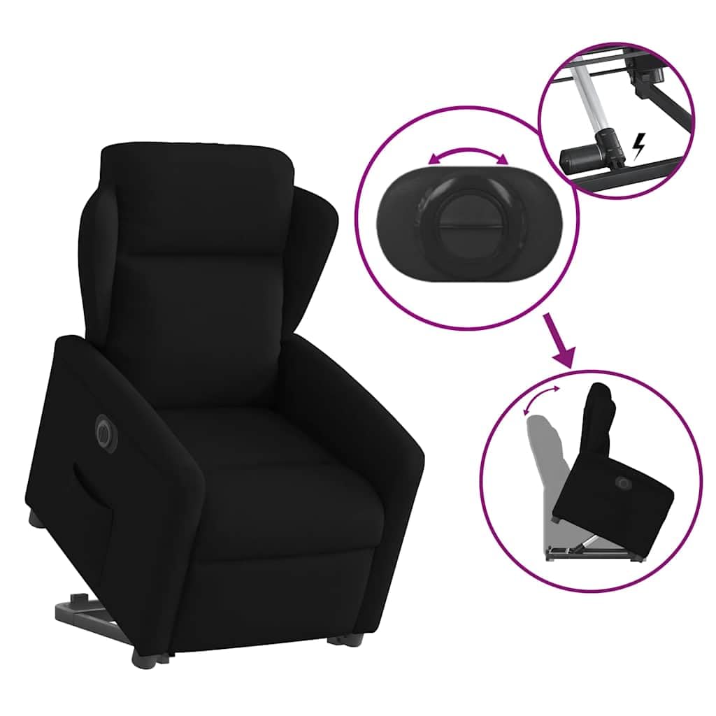 Sillón elevador reclinable eléctrico negro de tela con función de elevación y reclinación automática a 135 grados para un asiento cómodo y estable