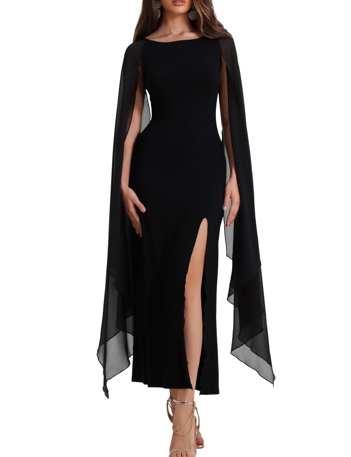 chuangminghangqi Elegante vestido largo de cuello redondo curvado para mujer, vestido de noche formal largo para boda, vestido de fiesta, vestido de cóctel seductor con abertura frontal alta, disfraz de Halloween para